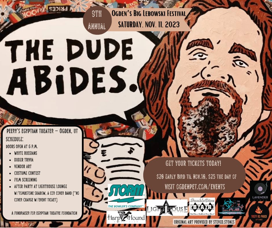 Ogden's Big Lebowski Festival 2023 flyer, 9th Annual, The Dude Abides
