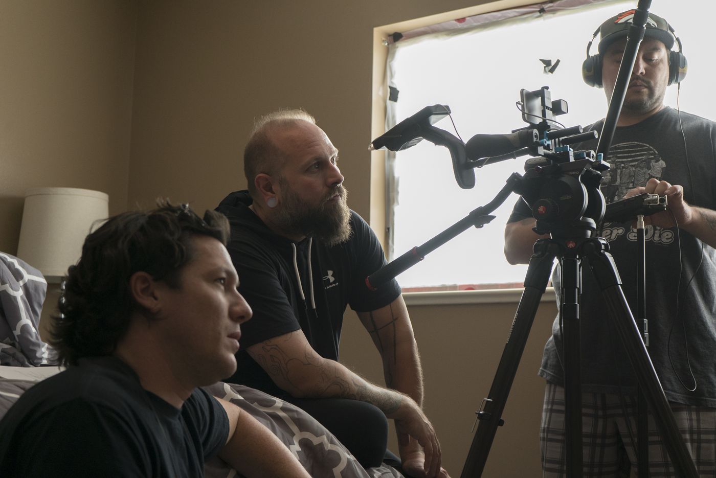 Ryan McDonald and DP Matt Johnson review a shot on the camera rig