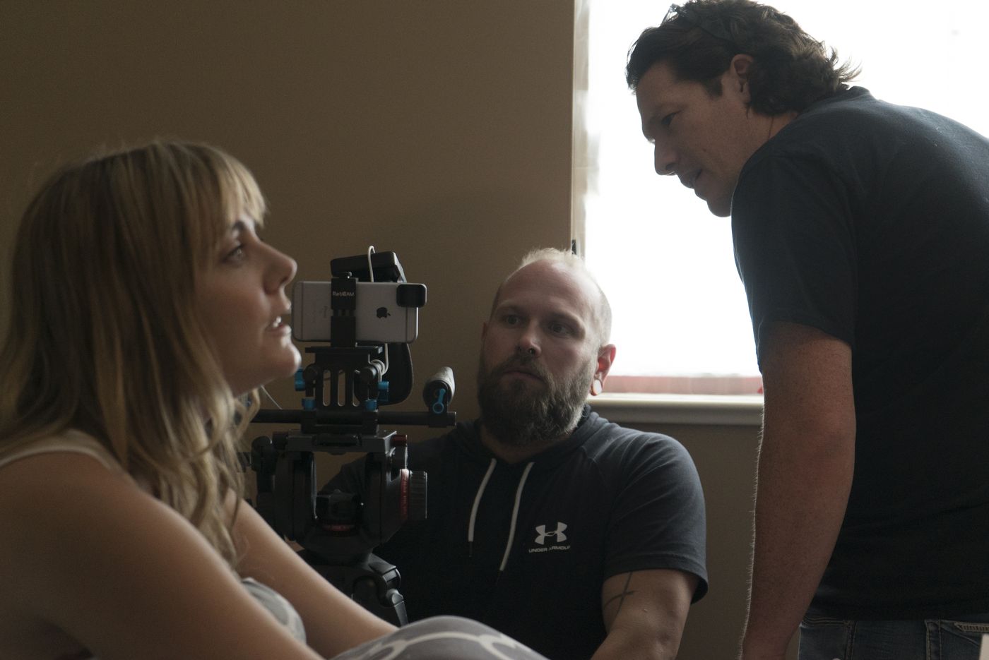 DP Matt Johnson and Ryan McDonald review a shot with actress Aimee-Lynn Chadwick